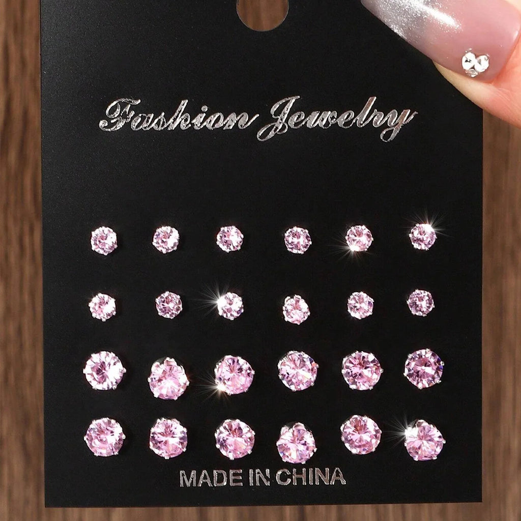 Cubic Zirconia Stud Earrings – 12-Pair Set