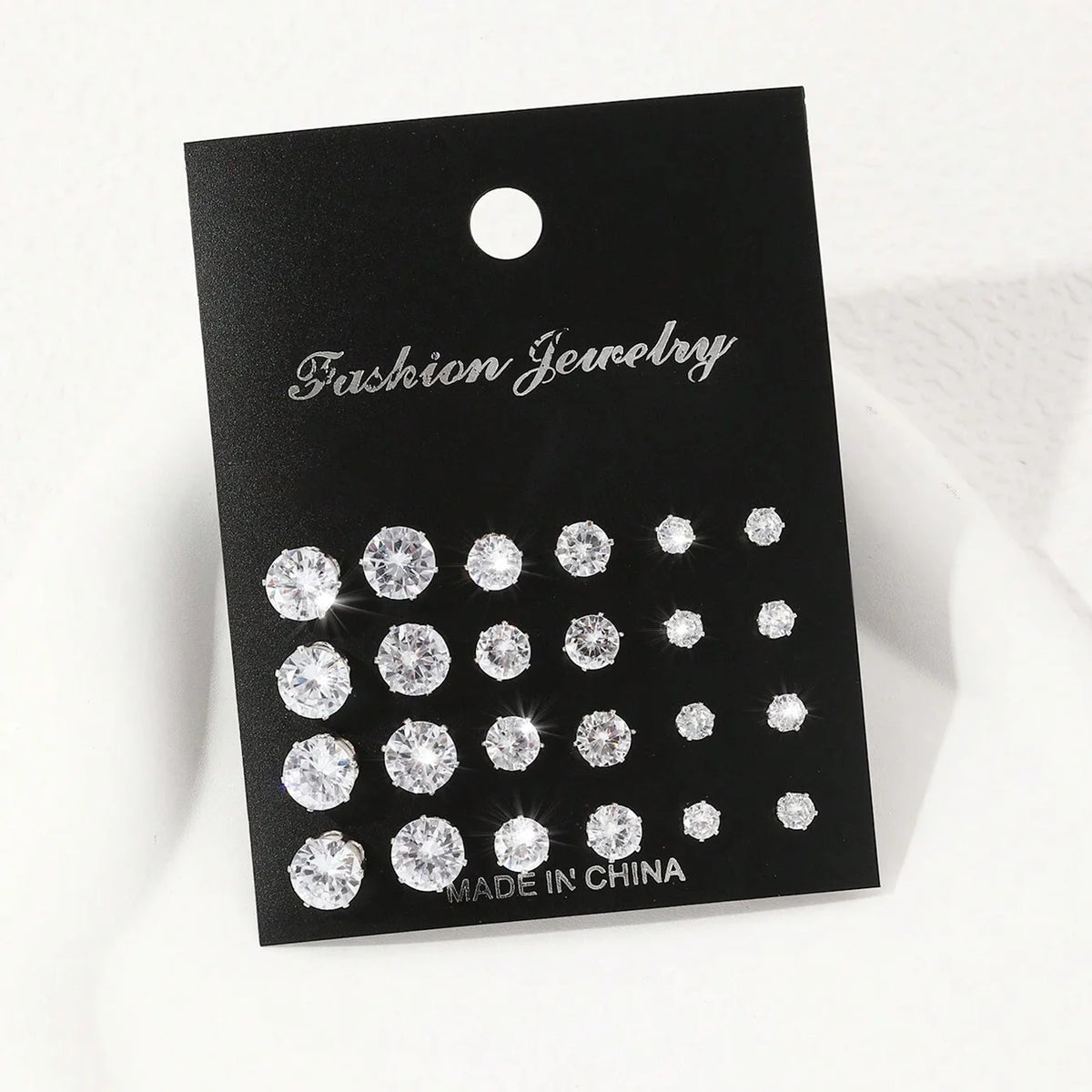 Cubic Zirconia Stud Earrings – 12-Pair Set