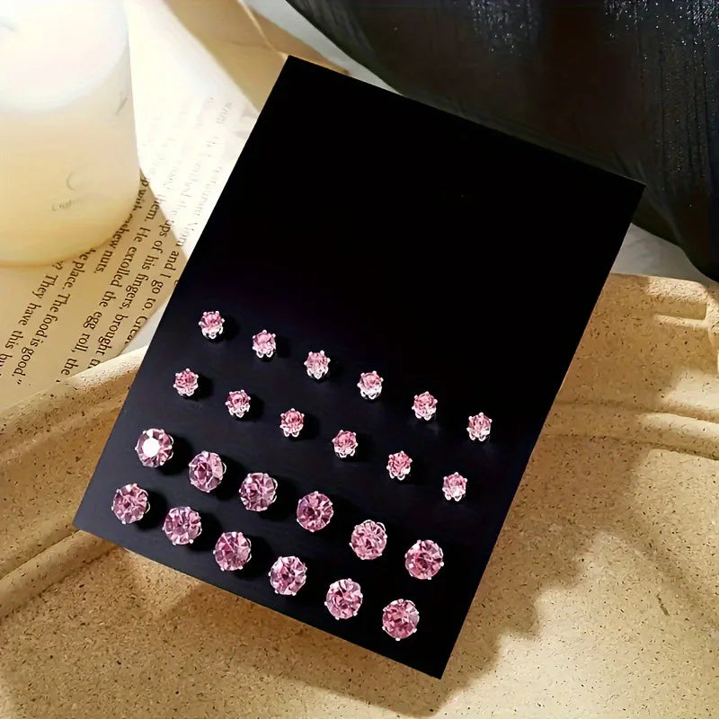 Cubic Zirconia Stud Earrings – 12-Pair Set