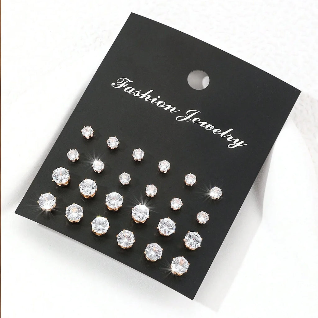 Cubic Zirconia Stud Earrings – 12-Pair Set