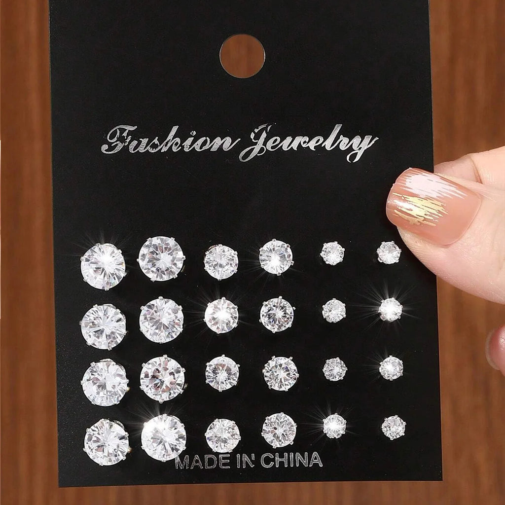 Cubic Zirconia Stud Earrings – 12-Pair Set