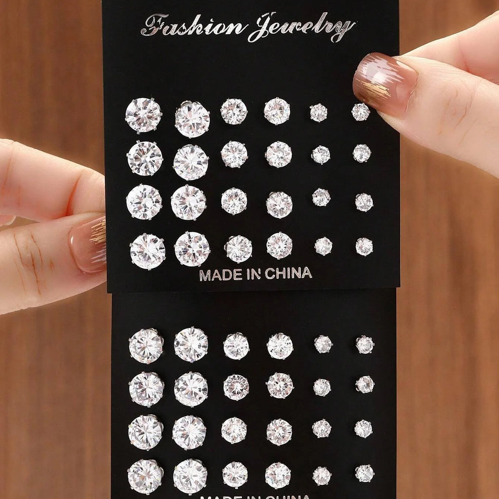 Cubic Zirconia Stud Earrings – 12-Pair Set